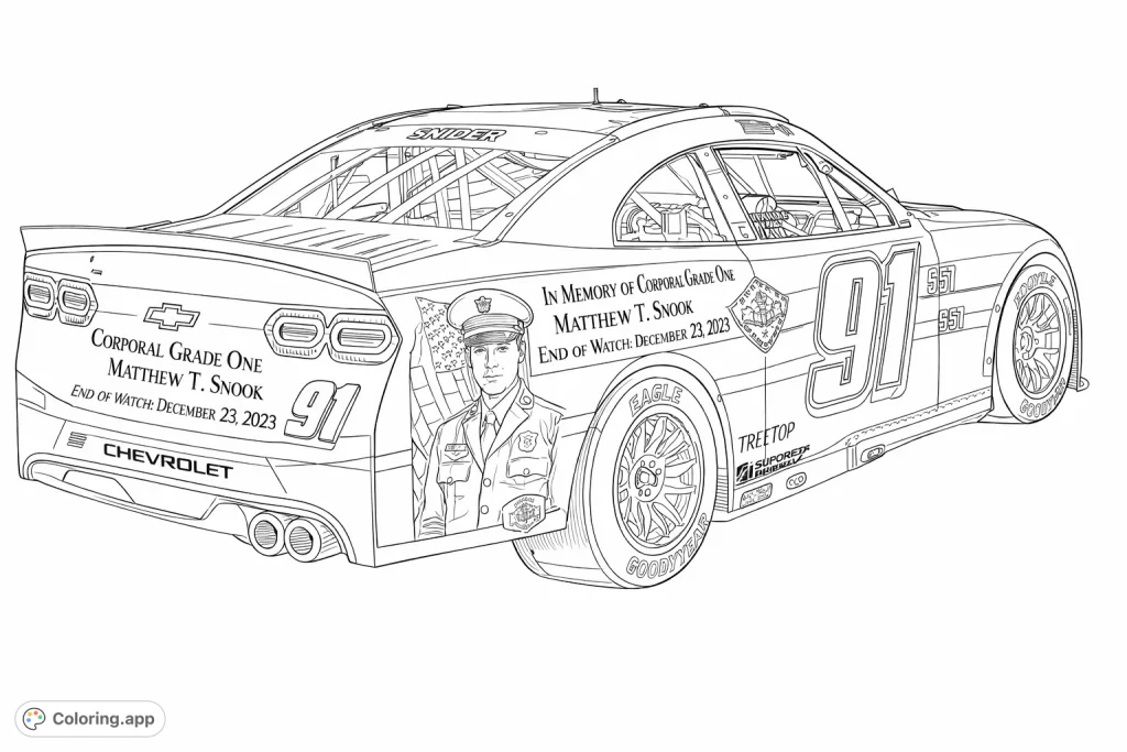 Highly detailed race car coloring page featuring memorial portraits and text, intricate sponsor logos, and a sleek design for an engaging coloring challenge.
