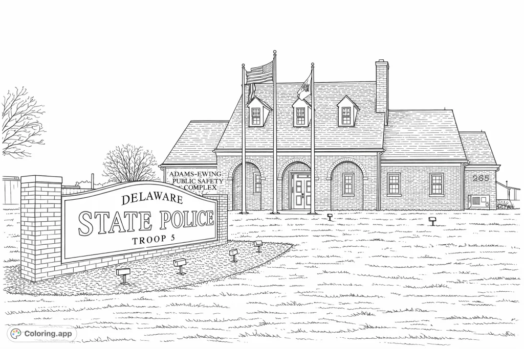 Explore the Delaware State Police Complex coloring page! Featuring a detailed brick building, flagpoles, and an official sign, perfect for realistic coloring enthusiasts.