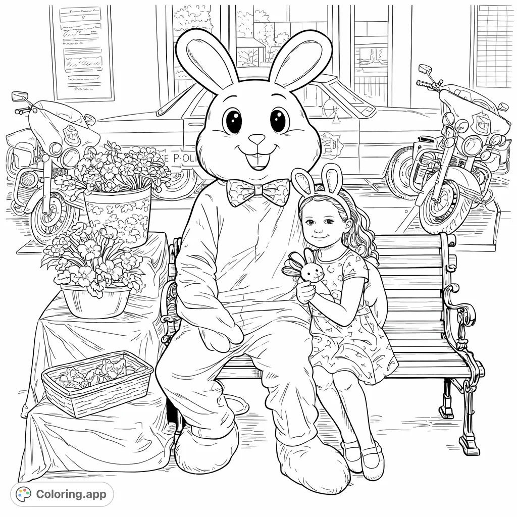 A joyful Easter Bunny and a sweet girl share a bench, surrounded by spring flowers and unique vehicles in the background. Perfect for festive coloring!