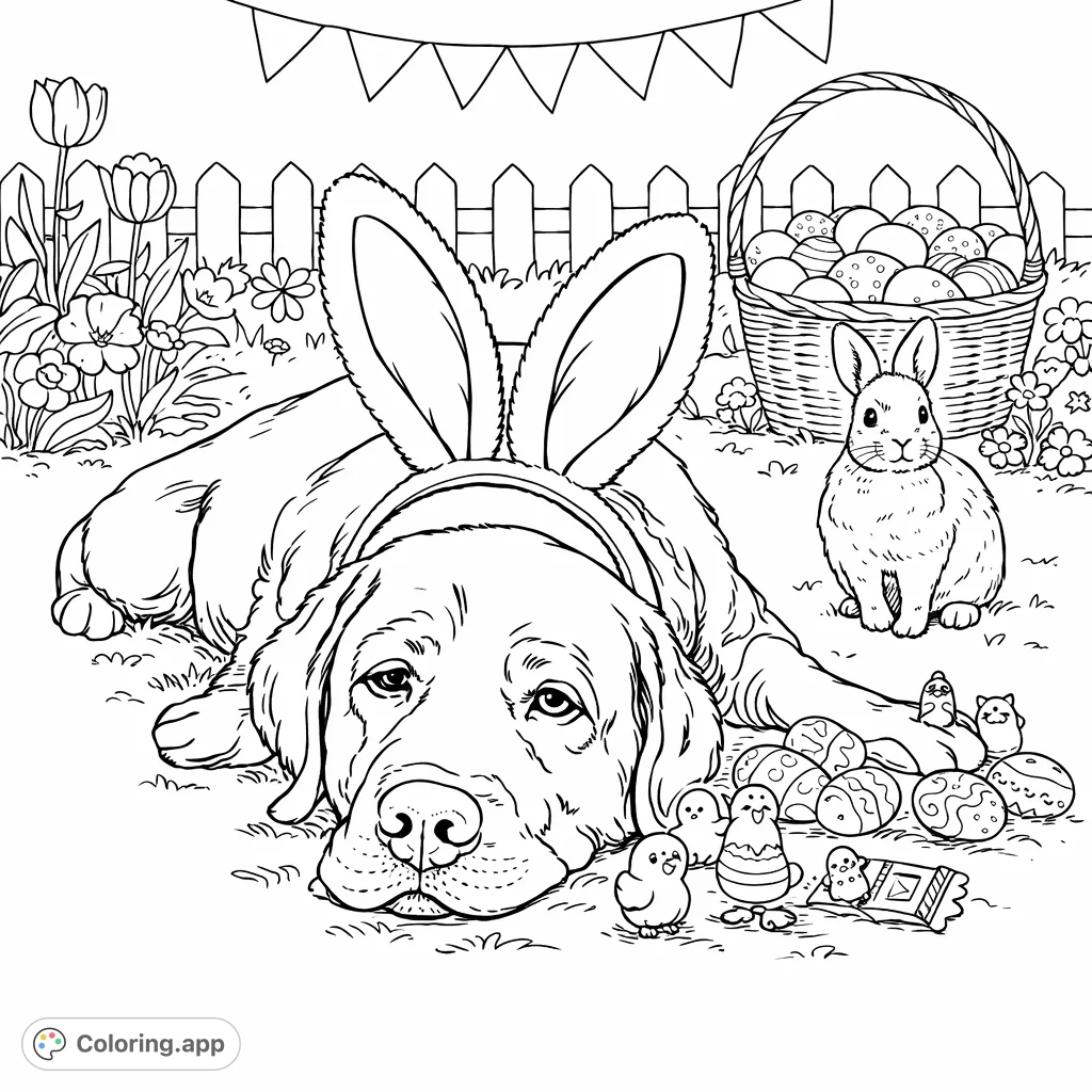 Celebrate spring with this charming Easter coloring page featuring a Labrador in bunny ears alongside a rabbit and festive eggs. A delightful scene for all ages.