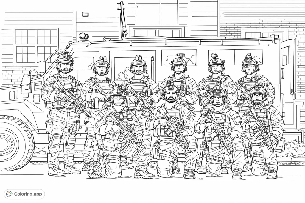 An elite tactical team with advanced gear poses in front of an armored vehicle, ready for action. Detailed for a focused coloring experience.