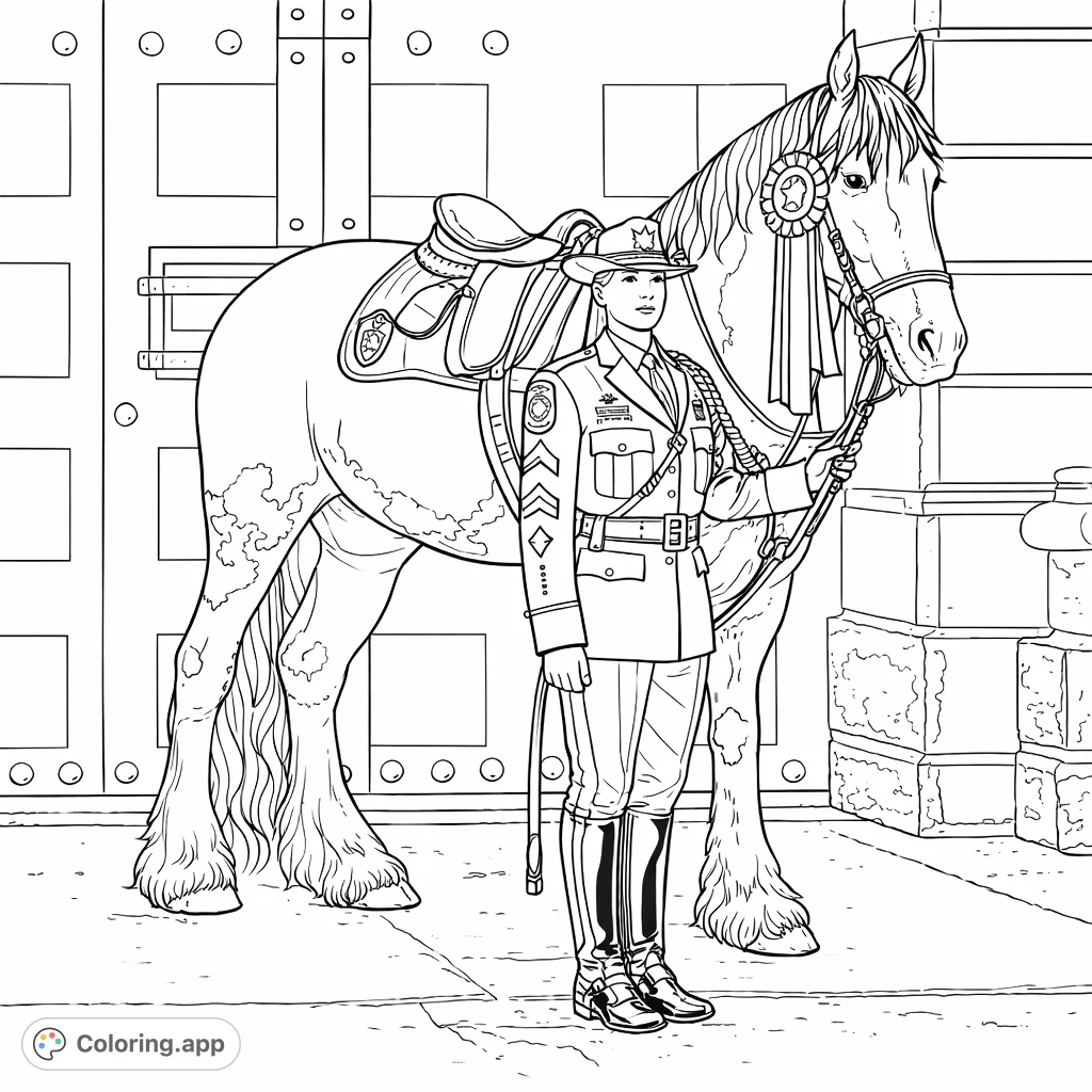 An equestrian officer stands proudly beside her majestic horse, ready for duty. Features detailed uniform and horse tack, perfect for focused coloring.