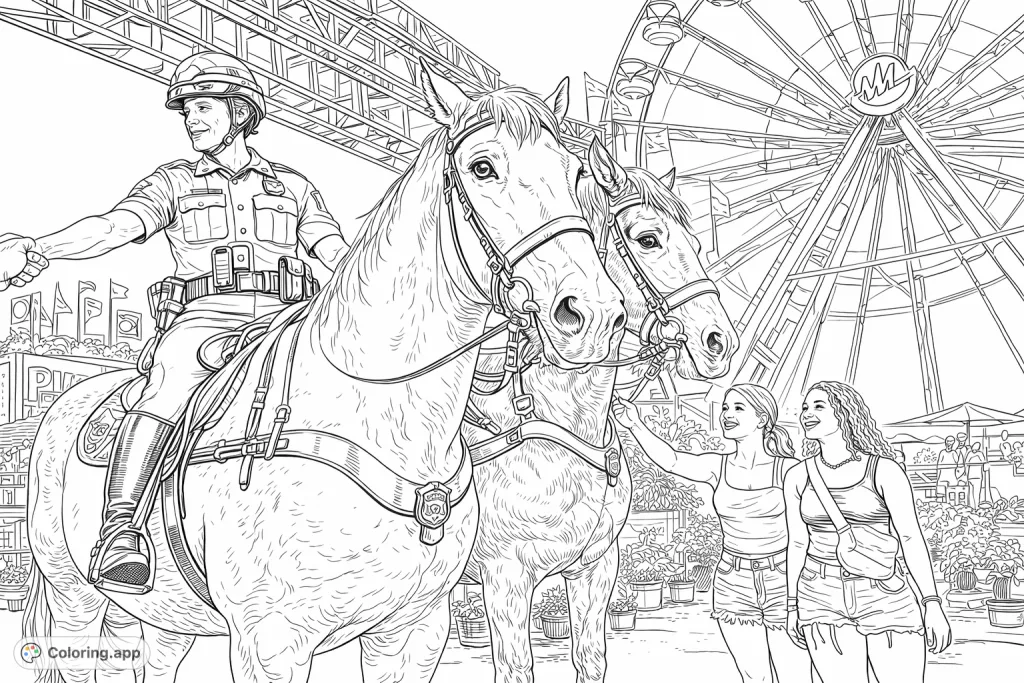 A mounted police officer on a majestic horse greets fairgoers, with a towering Ferris wheel and a lively fairground scene in the background.