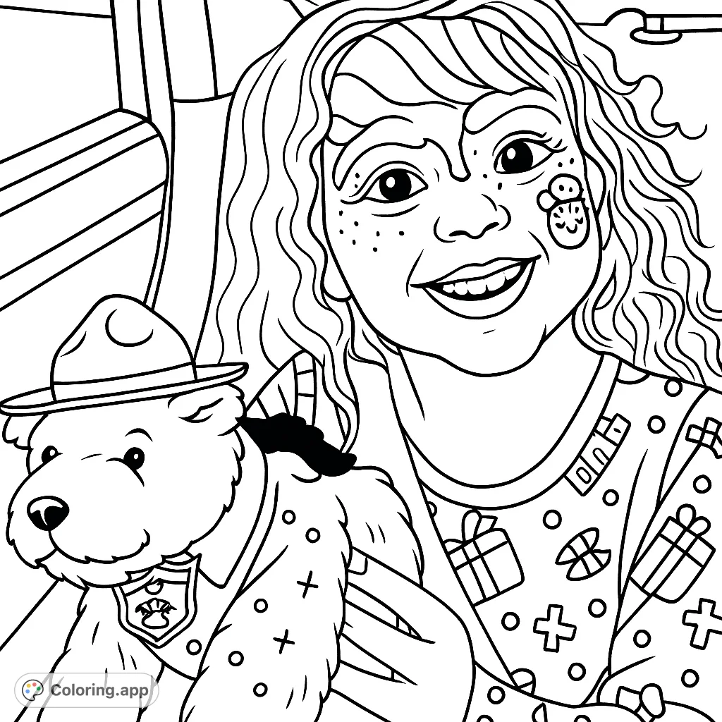 Capture the joy of a festive child with whimsical face paint and a beloved plush toy, nestled in a car seat, ready for an adventure.