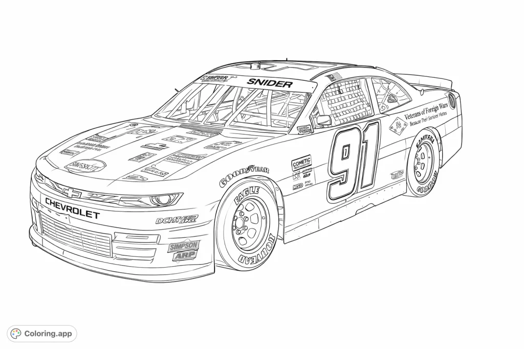 Race car enthusiasts will love this highly detailed stock car coloring page. Featuring sponsor logos, a prominent number 91, and sleek design.