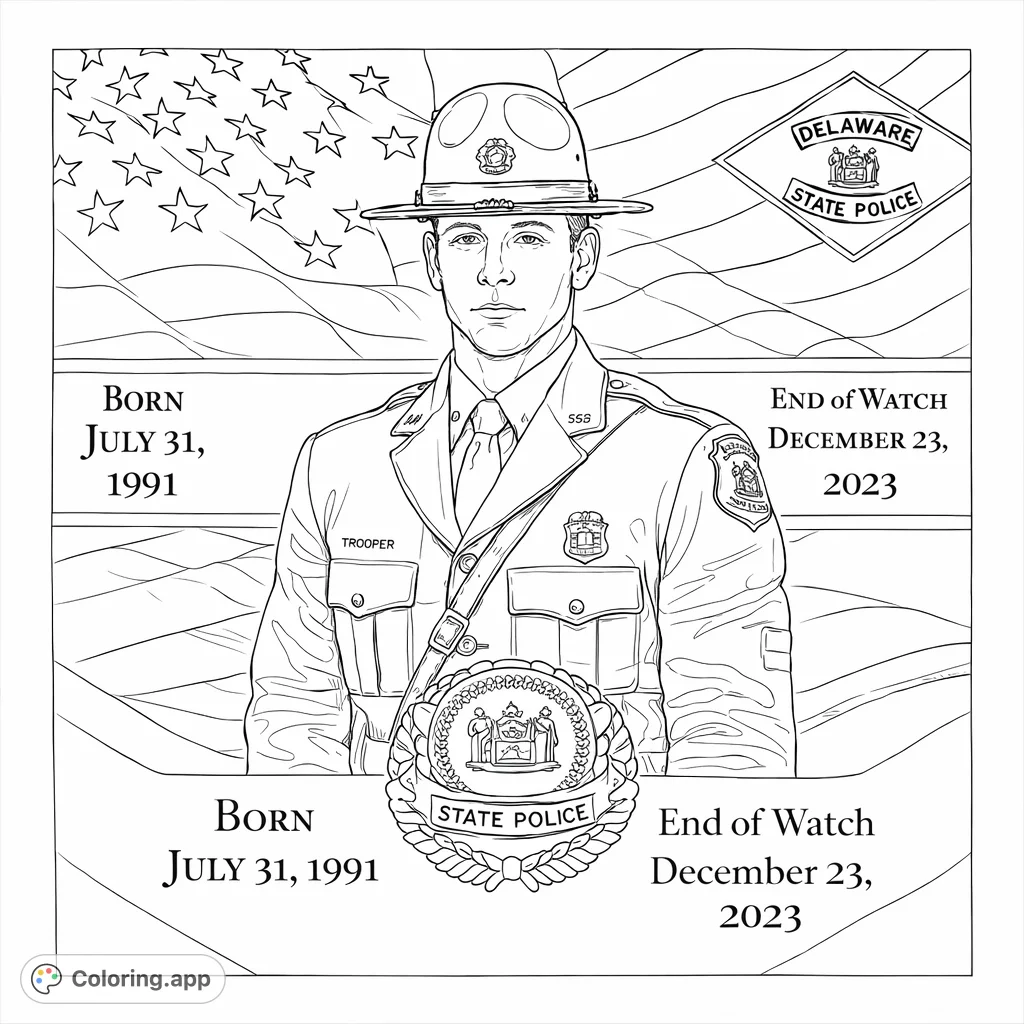 A solemn state trooper coloring page, honoring a dedicated officer against a patriotic flag, complete with detailed uniform and emblems for respectful coloring.