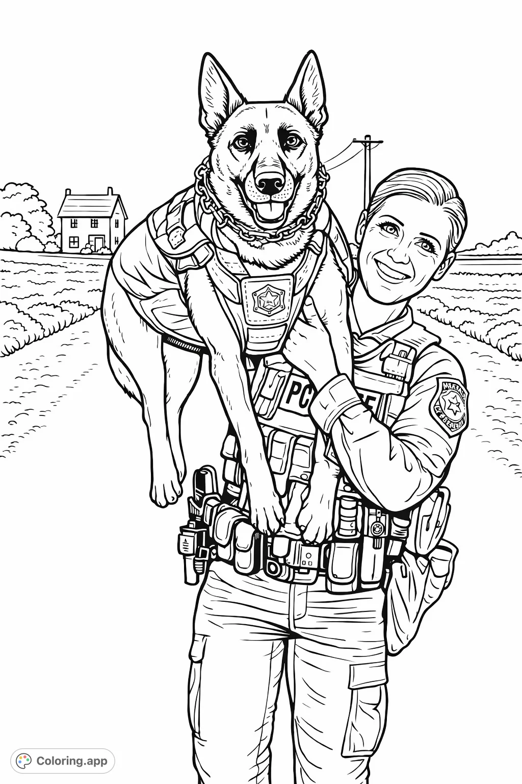 Celebrate the heroic bond of a K9 officer and her loyal canine partner. This touching scene is perfect for patriotic themes and dog lovers.