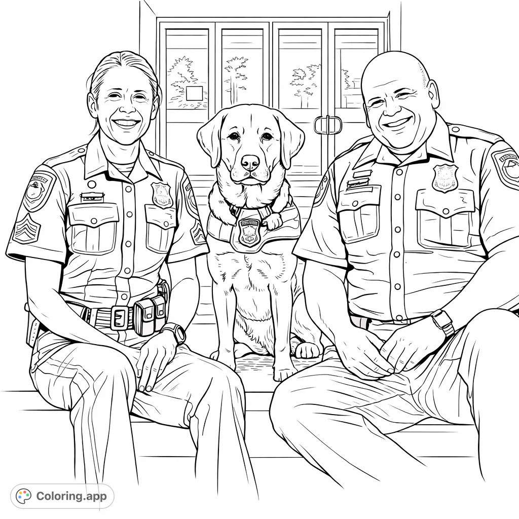 A heartwarming K9 unit coloring page featuring two officers and their loyal service dog. Perfect for those who appreciate community heroes and their devoted animal companions.