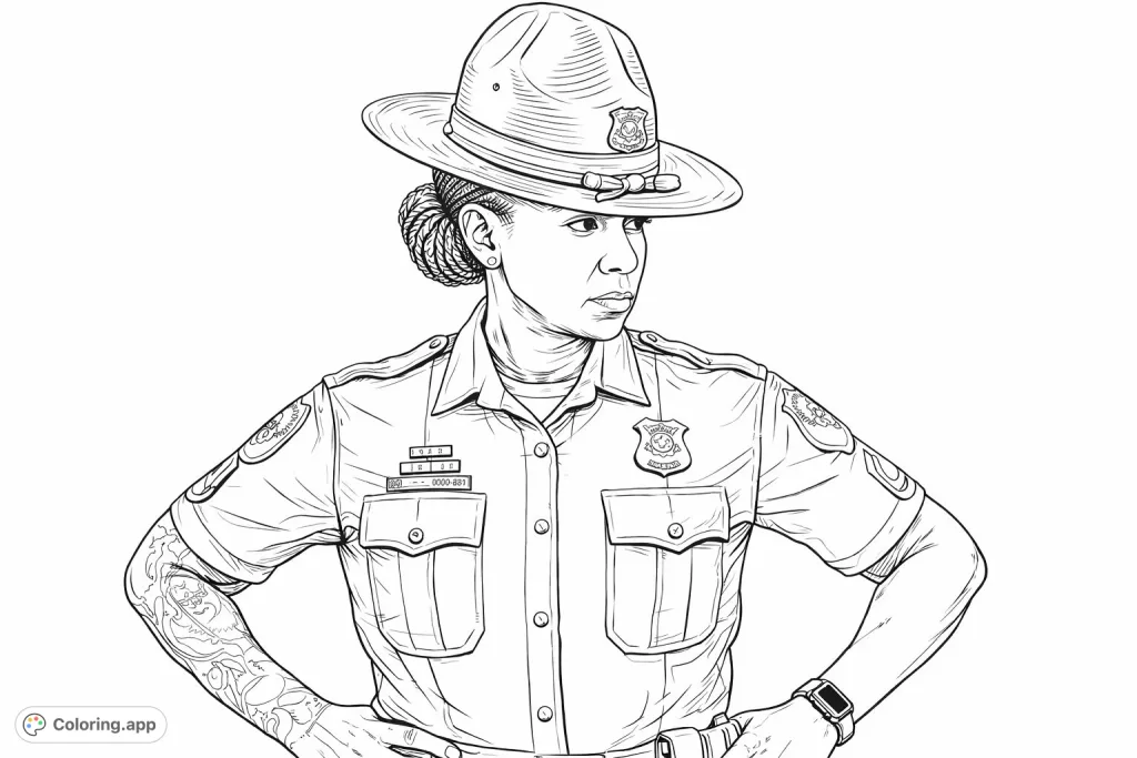 A detailed realistic coloring page featuring a law enforcement officer in full uniform, including a distinctive hat, intricate patches, and a badge. Perfect for aspiring heroes!