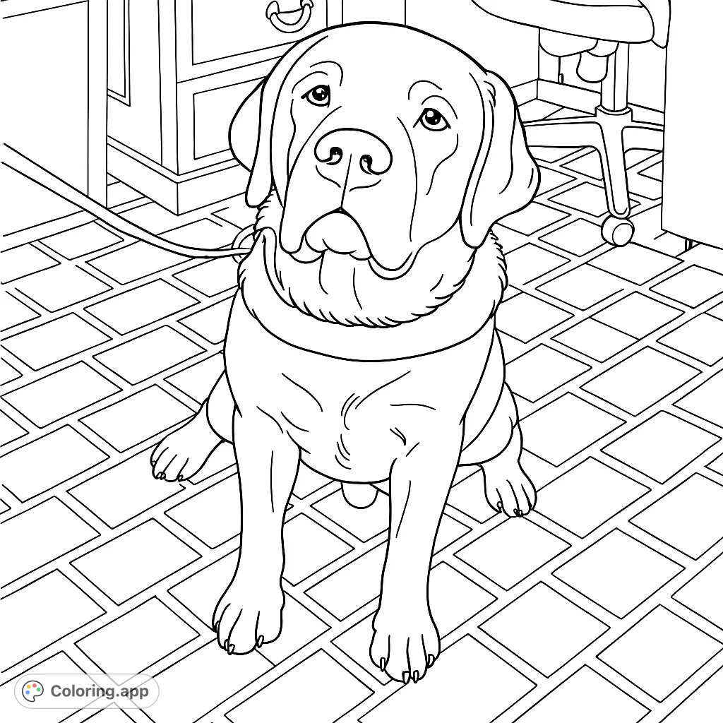 Color a loyal Labrador dog sitting patiently on a tiled floor, with a detailed background. Perfect for dog lovers of all ages!