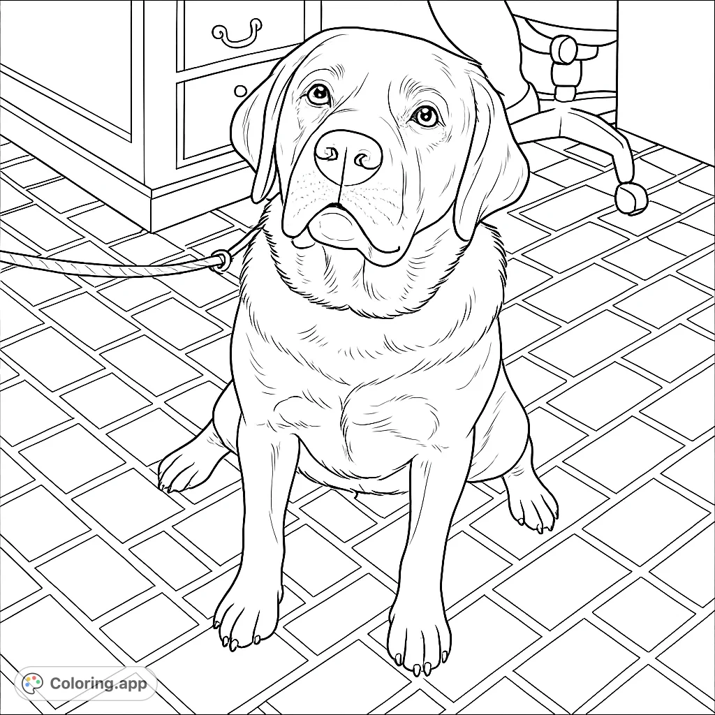 A realistic Labrador retriever sits patiently on a tiled floor, offering a charming and detailed coloring page for dog lovers of all ages.