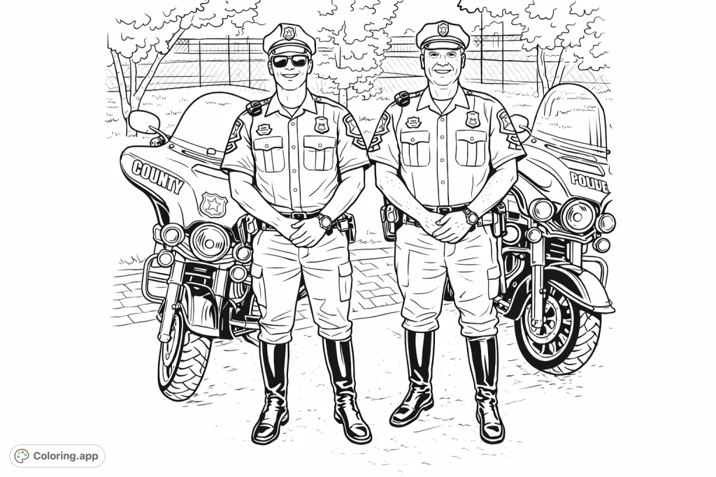 A detailed coloring page featuring two smiling motorcycle police officers standing proudly with their patrol bikes, set against a backdrop of trees and a tennis court.