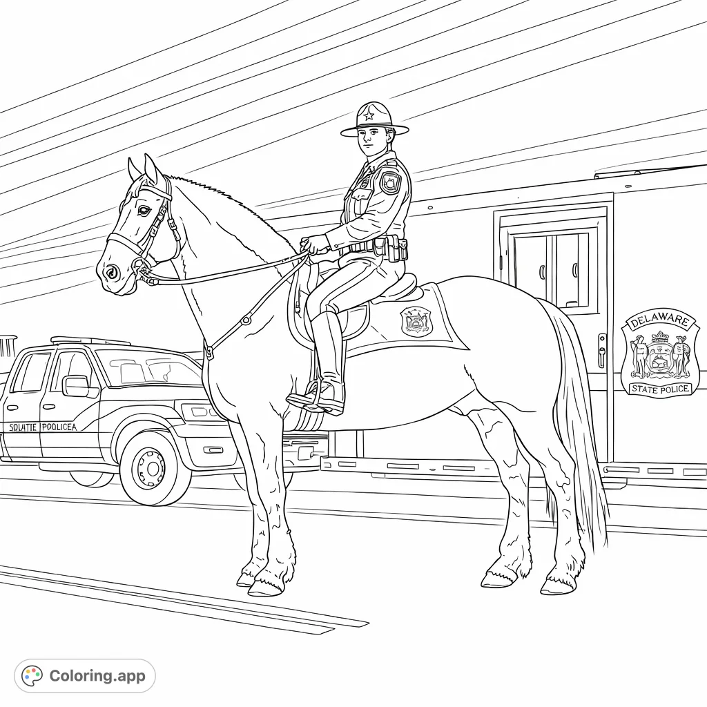 A proud mounted police officer atop a powerful horse, with official vehicles in the background. A detailed scene ready for your creative touch.
