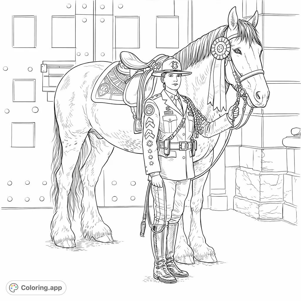 A detailed coloring page featuring a mounted officer in uniform standing proudly alongside a majestic draft horse, set against an architectural backdrop.