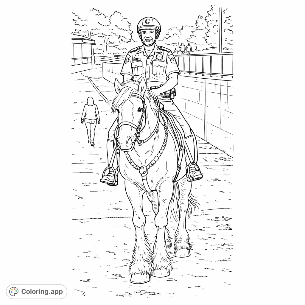 An inspiring mounted police officer proudly patrolling on a majestic horse. A detailed scene for a fulfilling coloring experience.
