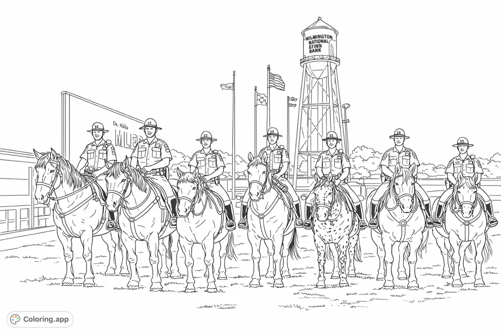 A stately lineup of seven mounted patrol officers on their horses, set against a backdrop of flags, a scoreboard, and a water tower. A detailed equestrian scene.