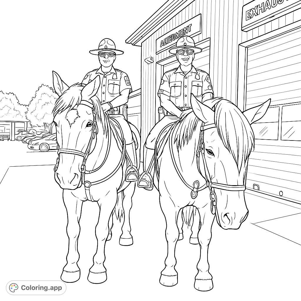 Two police officers on horseback, ready for patrol. A detailed scene perfect for those who admire law enforcement and equestrian themes.