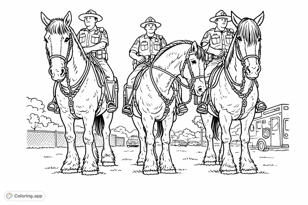 A cartoony style mounted police coloring page featuring three majestic horses and their officers on patrol. Enjoy a free printable law enforcement coloring page.