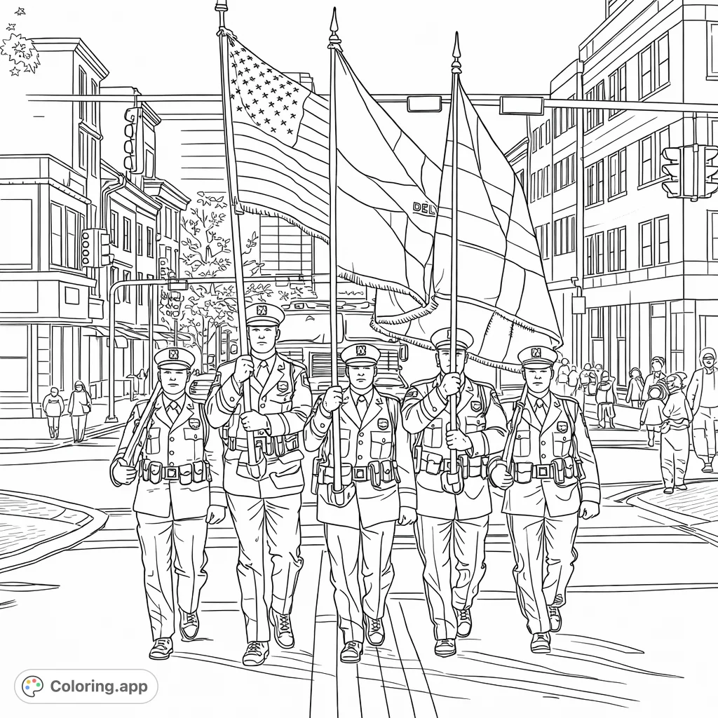 A detailed parade coloring page featuring uniformed officers marching with national and civic flags, set against an urban backdrop with buildings and street activity.