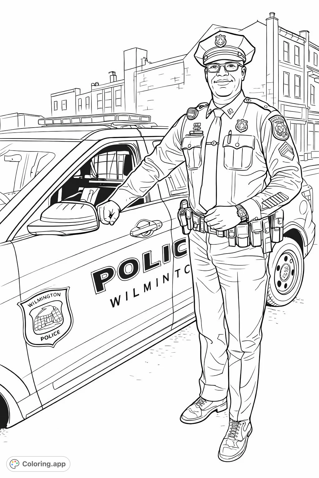 A friendly police officer stands proudly beside his patrol car in an urban setting. Perfect for teaching about community helpers and law enforcement.