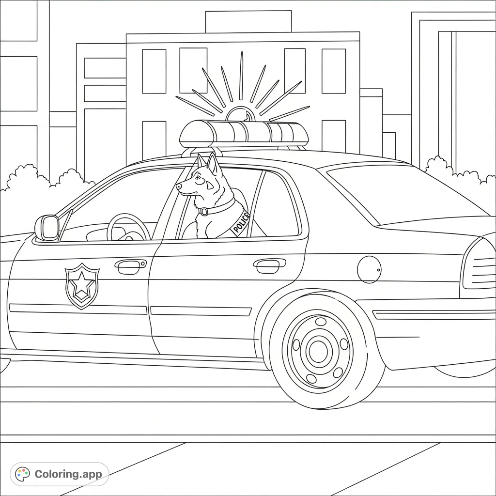 An engaging police car coloring page featuring a police dog on patrol with a prominent siren. Perfect for vehicle enthusiasts and fans of community helpers.