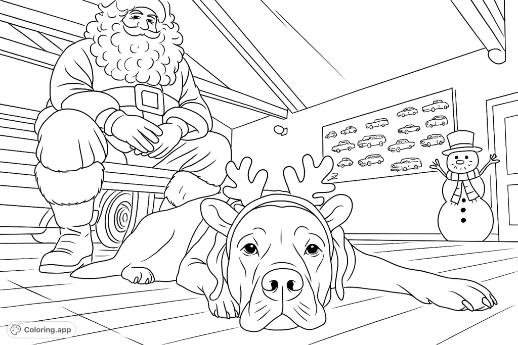 A heartwarming scene featuring Santa Claus seated next to a loyal dog wearing reindeer antlers, ready for holiday cheer and creative coloring fun.