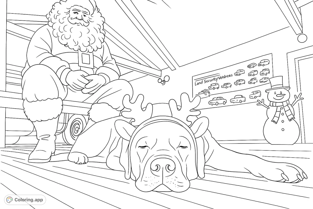 Discover a heartwarming holiday scene featuring Santa Claus and a charming dog in reindeer antlers, beside a cheerful snowman. Perfect for festive coloring!