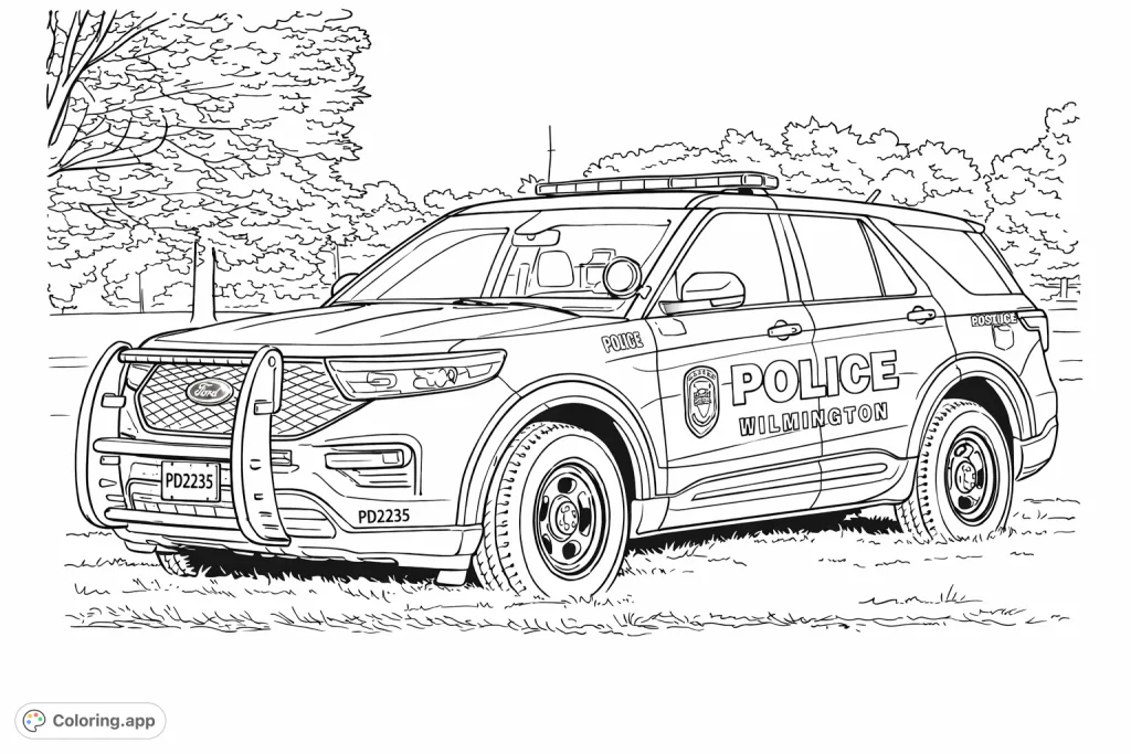 A detailed police SUV coloring page, featuring a patrol vehicle with emergency lights and official city markings. A free printable for kids and adults to enjoy.