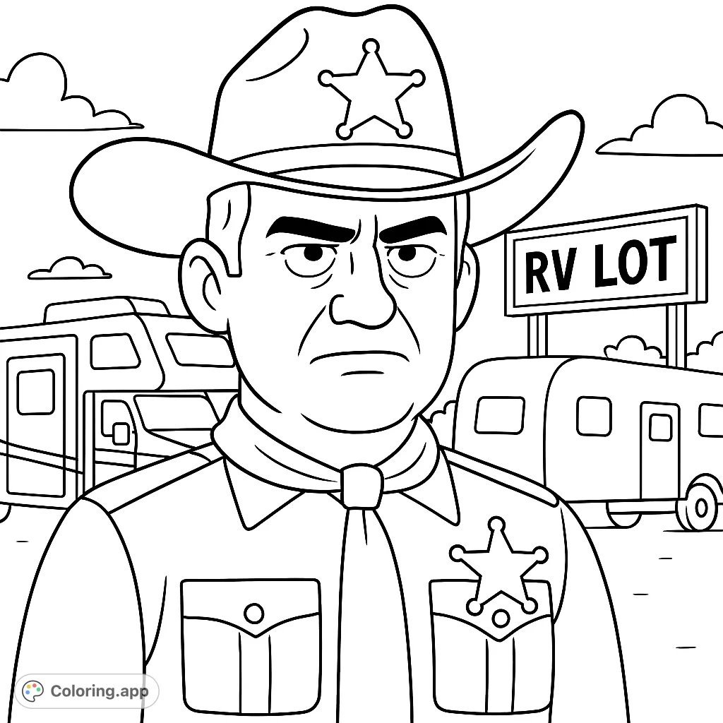 A stern sheriff stands guard at an RV lot, featuring a classic cowboy hat, badges, and a detailed uniform. Perfect for Western-themed coloring fun!