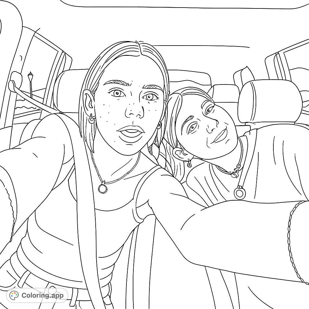 Two friends capture a fun car selfie, perfect for coloring. Features detailed expressions, car interior, and scenic background for a personalized touch.