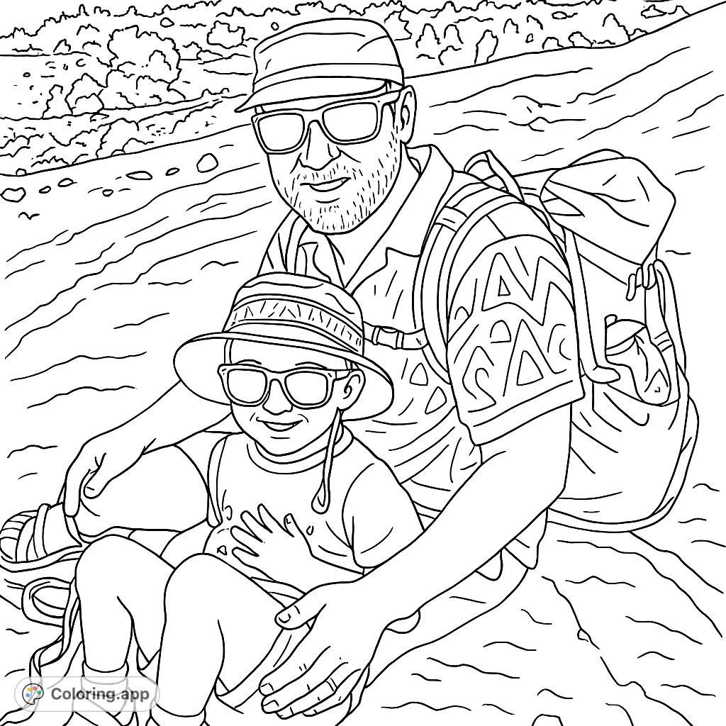 A heartwarming hiking adventure featuring a father and child on a rocky trail, perfect for a family outdoor coloring page.