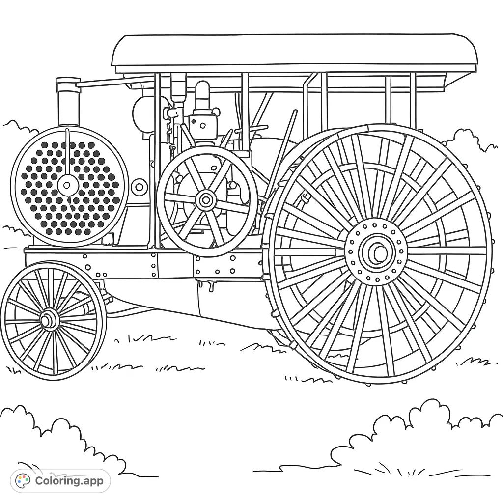 Color a detailed vintage tractor with large spoked wheels, intricate engine, and a perforated cylinder, set in a rural landscape.