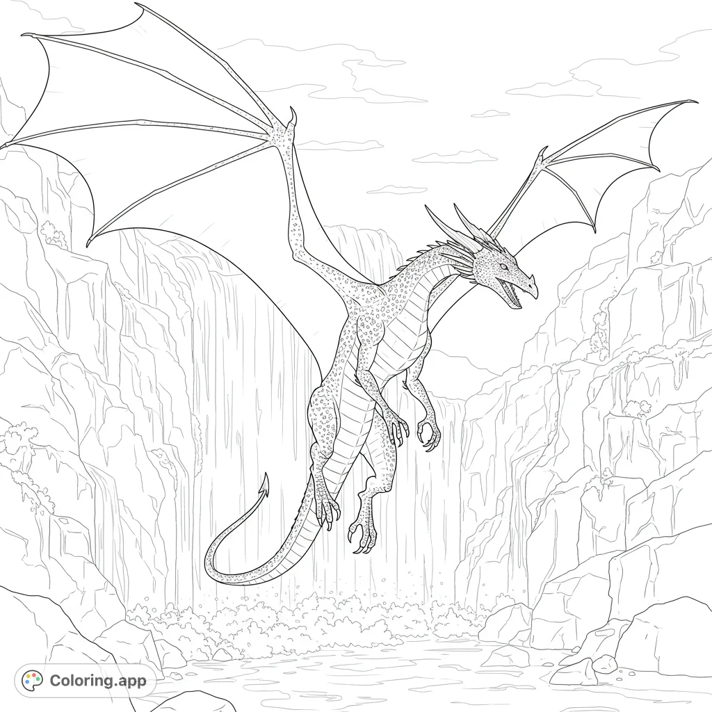 Unleash your creativity with this majestic dragon coloring page, soaring above a dramatic rocky waterfall. A free printable coloring page for all ages.