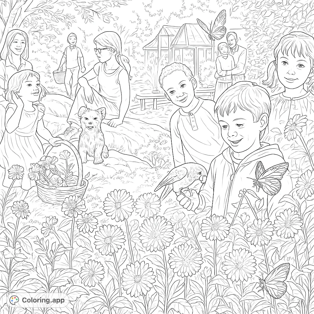 Explore a lively garden scene with children, adults, and animals amidst abundant flowers, a grand house, and a fountain.