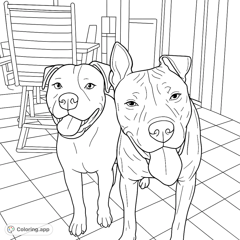 Two playful dogs greet you from behind a screen door, ready for a fun coloring adventure. Perfect for dog lovers of all ages!