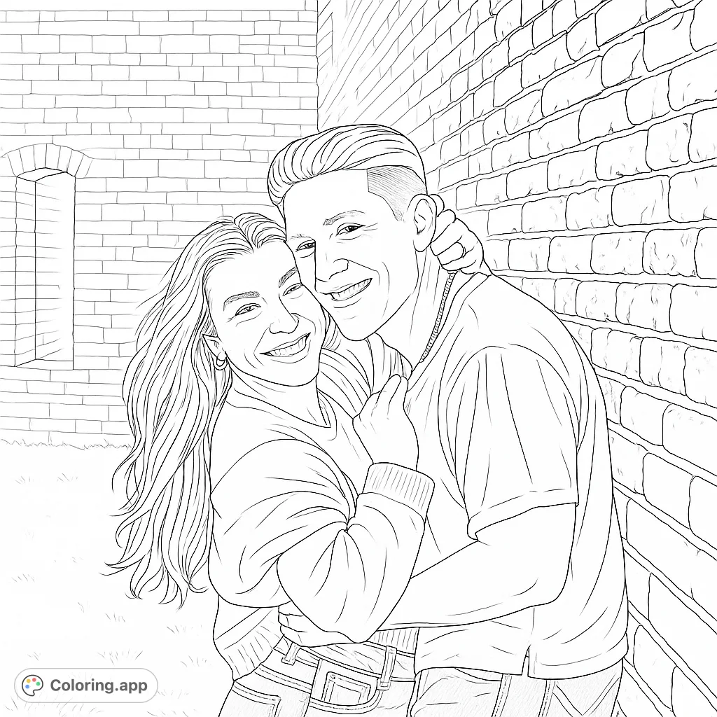 A heartwarming couple embracing, smiling brightly against a textured brick wall. Perfect for celebrating love and connection.