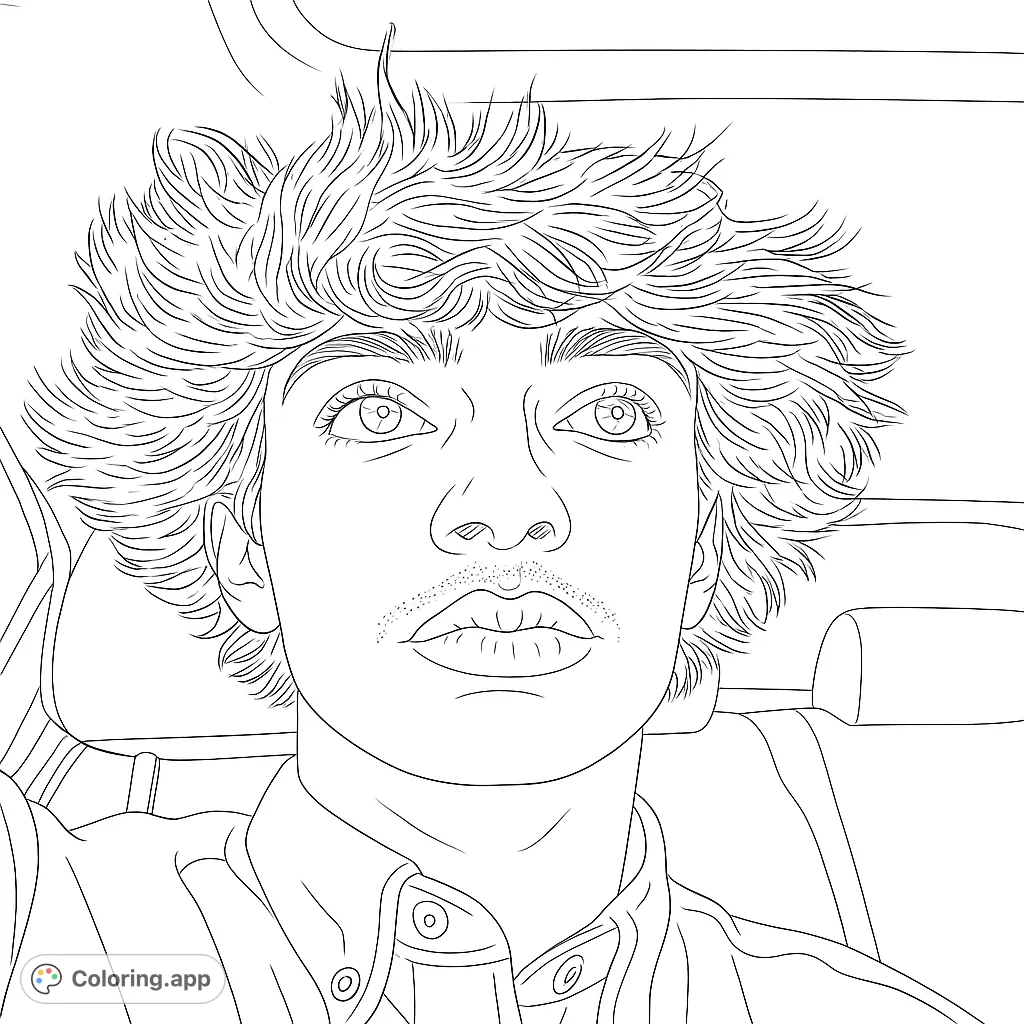 A captivating portrait of a young man with voluminous hair and an upward gaze, perfect for a detailed coloring experience.