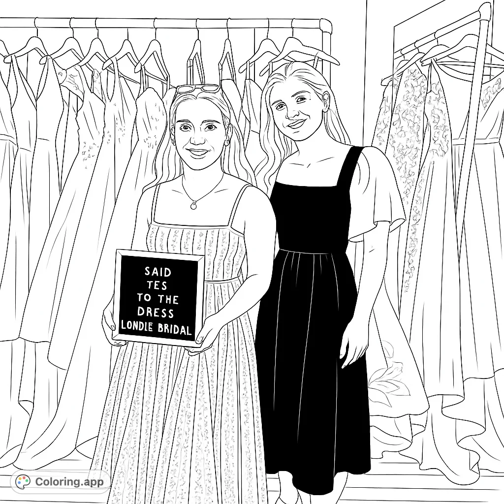 Celebrate a special moment! Two joyful women in a bridal boutique, surrounded by beautiful wedding gowns, ready for your creative touch.