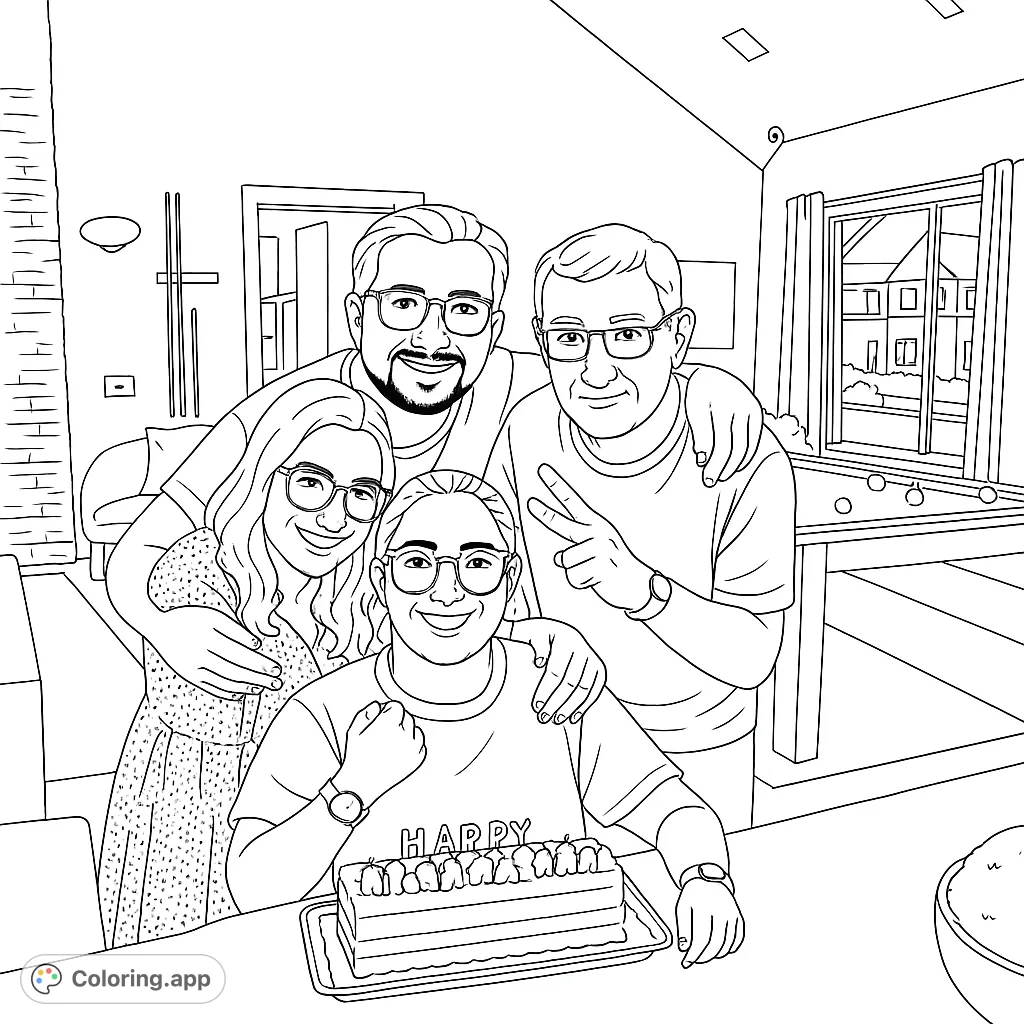 Celebrate a joyous family birthday with this intricate coloring page featuring four smiling individuals, a festive cake, and a detailed modern room.