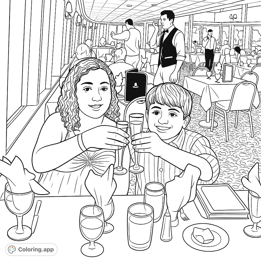 A joyful celebration coloring page featuring two smiling individuals clinking glasses at a lively restaurant table, perfect for all ages.