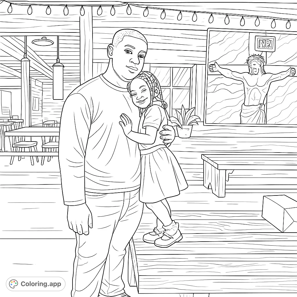 A heartwarming scene of a man and a young girl sharing a loving embrace in a rustic setting, perfect for a family-themed coloring page.