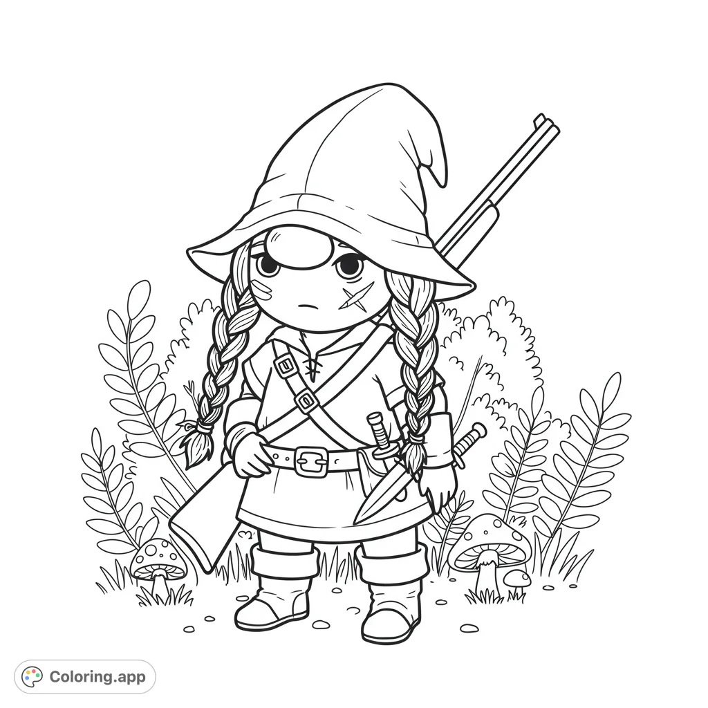 An adorable gnome ranger with long braids, a hunting rifle, and a claw scar, ready for adventure. A detailed, free printable gnome coloring page.