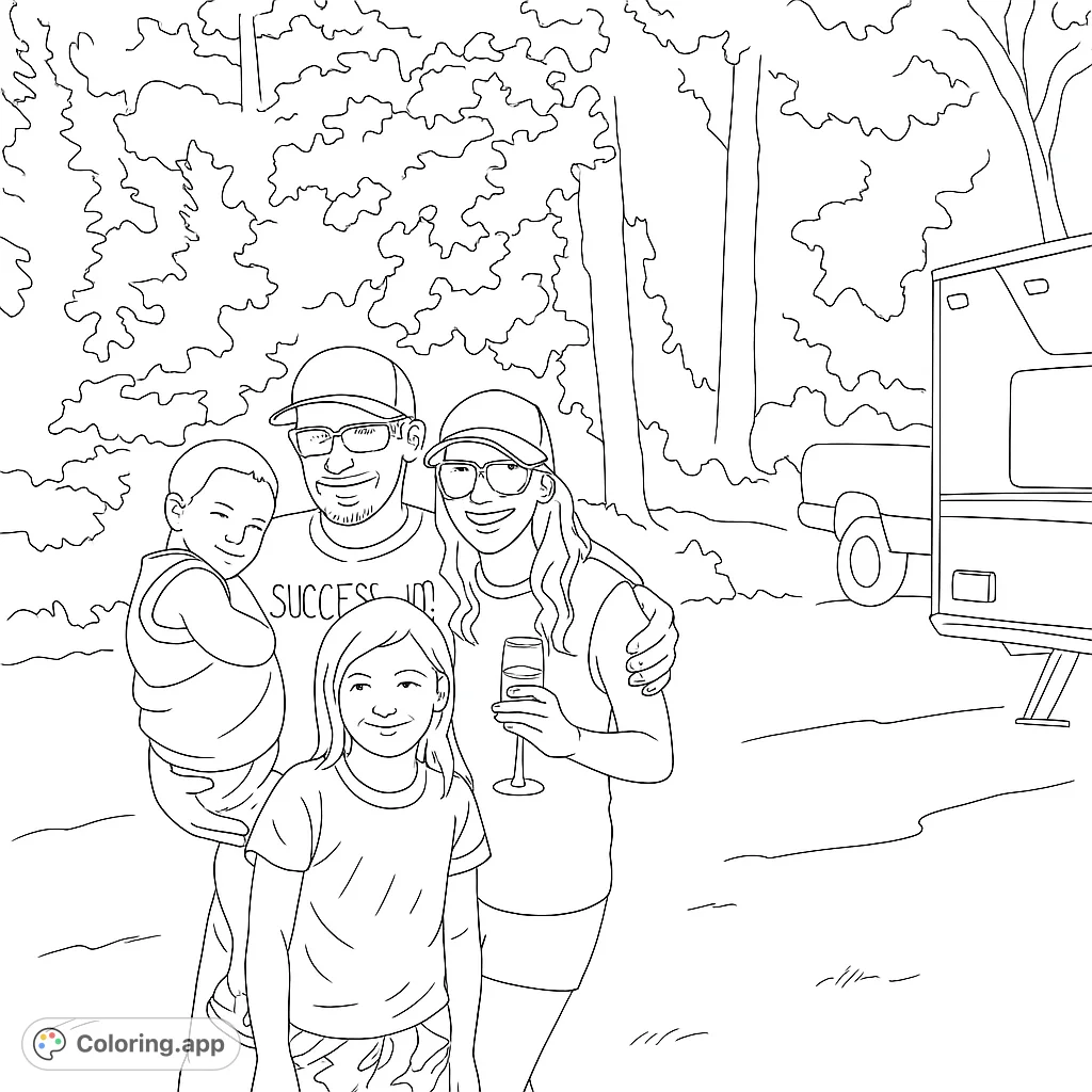 A heartwarming family portrait outdoors, featuring two adults and two children, set against a backdrop of lush trees and an RV. Perfect for all ages.