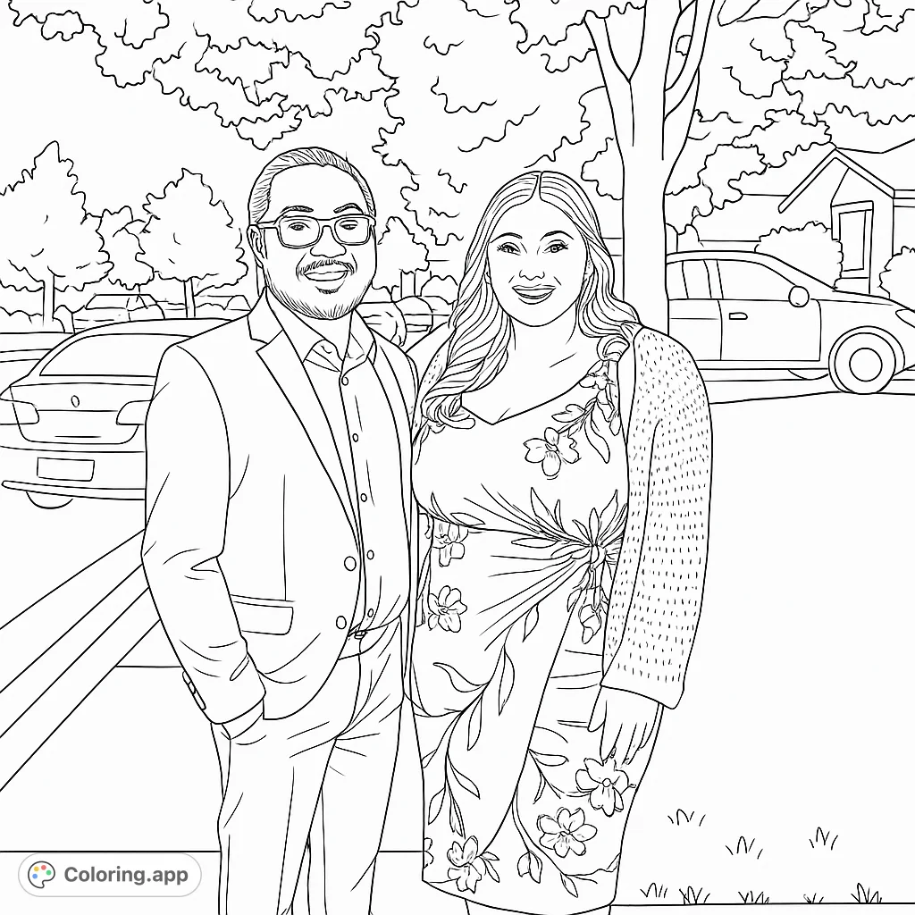 A delightful portrait of a smiling couple, perfect for personalizing with vibrant colors. Features intricate details on clothing and a charming outdoor setting.