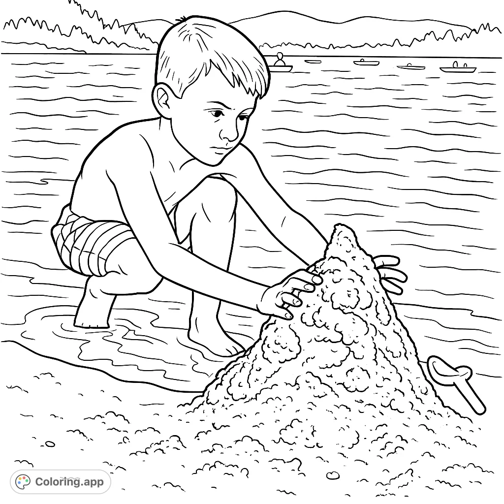 A young boy intently building a sandcastle at the water's edge, with a small shovel nearby and distant mountains and watercraft.