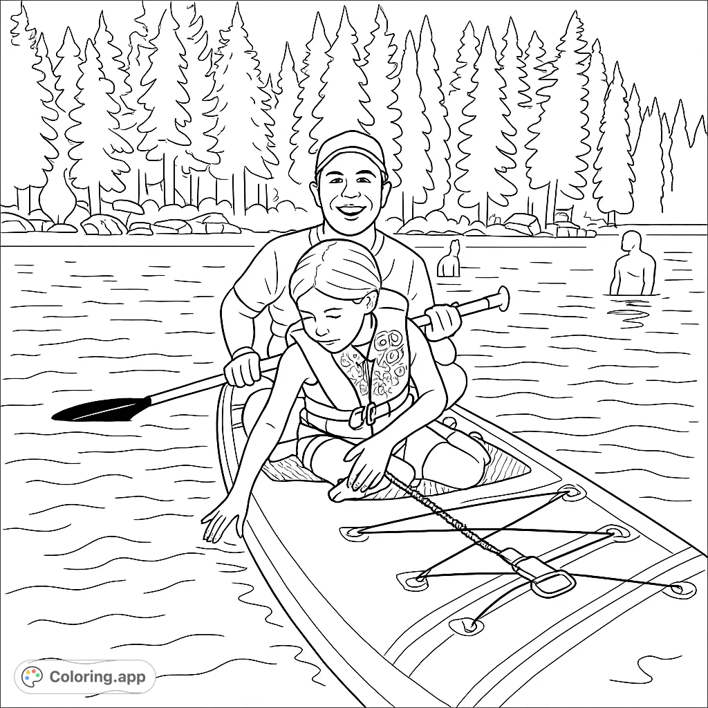 A joyful father and child on a paddleboard, exploring a serene lake surrounded by a lush forest. Perfect for a relaxing coloring experience.
