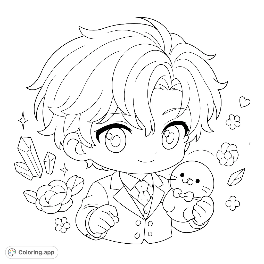 Adorable chibi boy in a suit holding cute plush toys, surrounded by floating flowers and crystals. A charming scene for all ages.