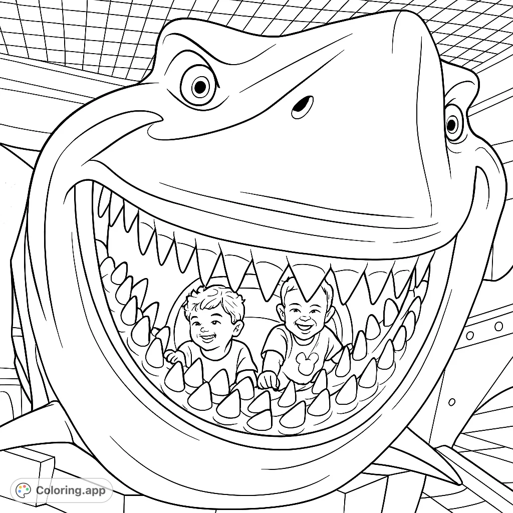 Two happy kids peek from a giant shark's open mouth, surrounded by rows of teeth. A fun, adventurous scene for coloring!