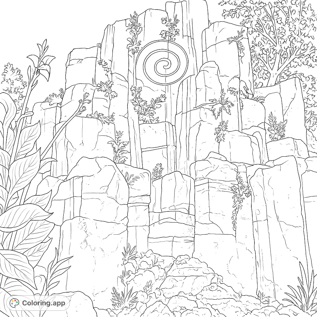 Explore an ancient stone waterfall adorned with a mysterious spiral carving and lush foliage. A challenging and rewarding nature coloring page.