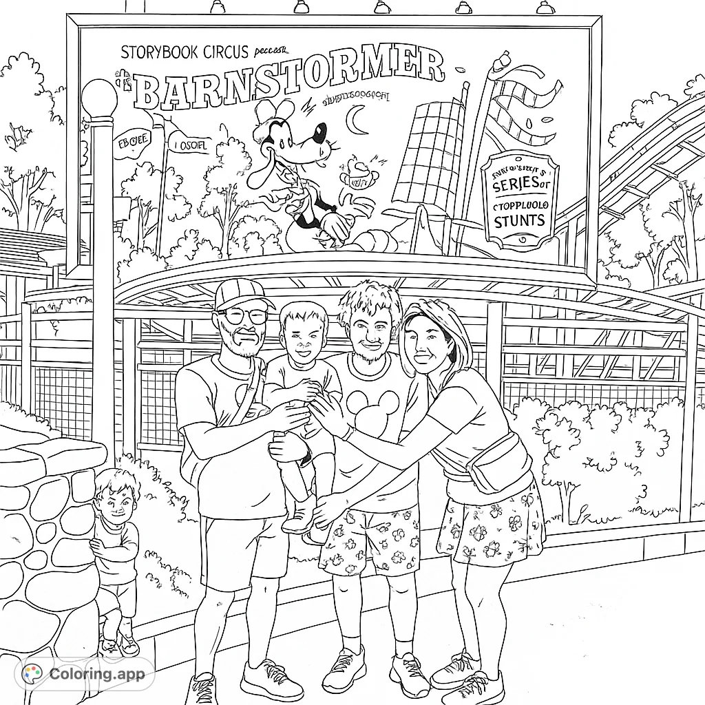 An exciting Barnstormer circus coloring page featuring Goofy, biplanes, and a checkered tower, perfect for adventure-themed coloring fun.